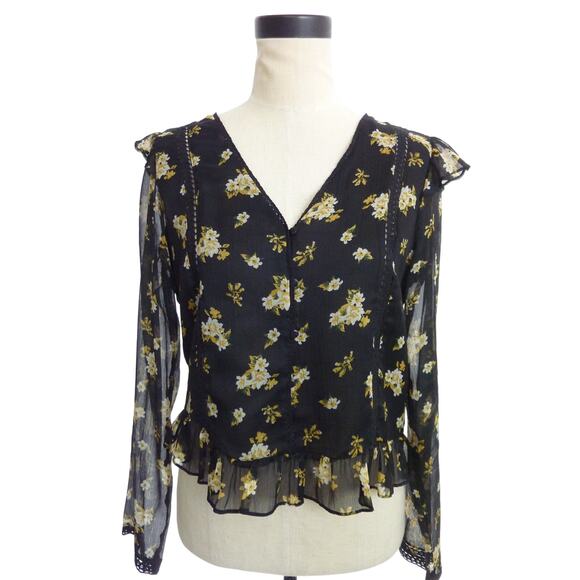 Zara Black Floral Chiffon Blouse Top Medium Boho Flutter Sleeve Semi Sheer - Picture 1 of 6
